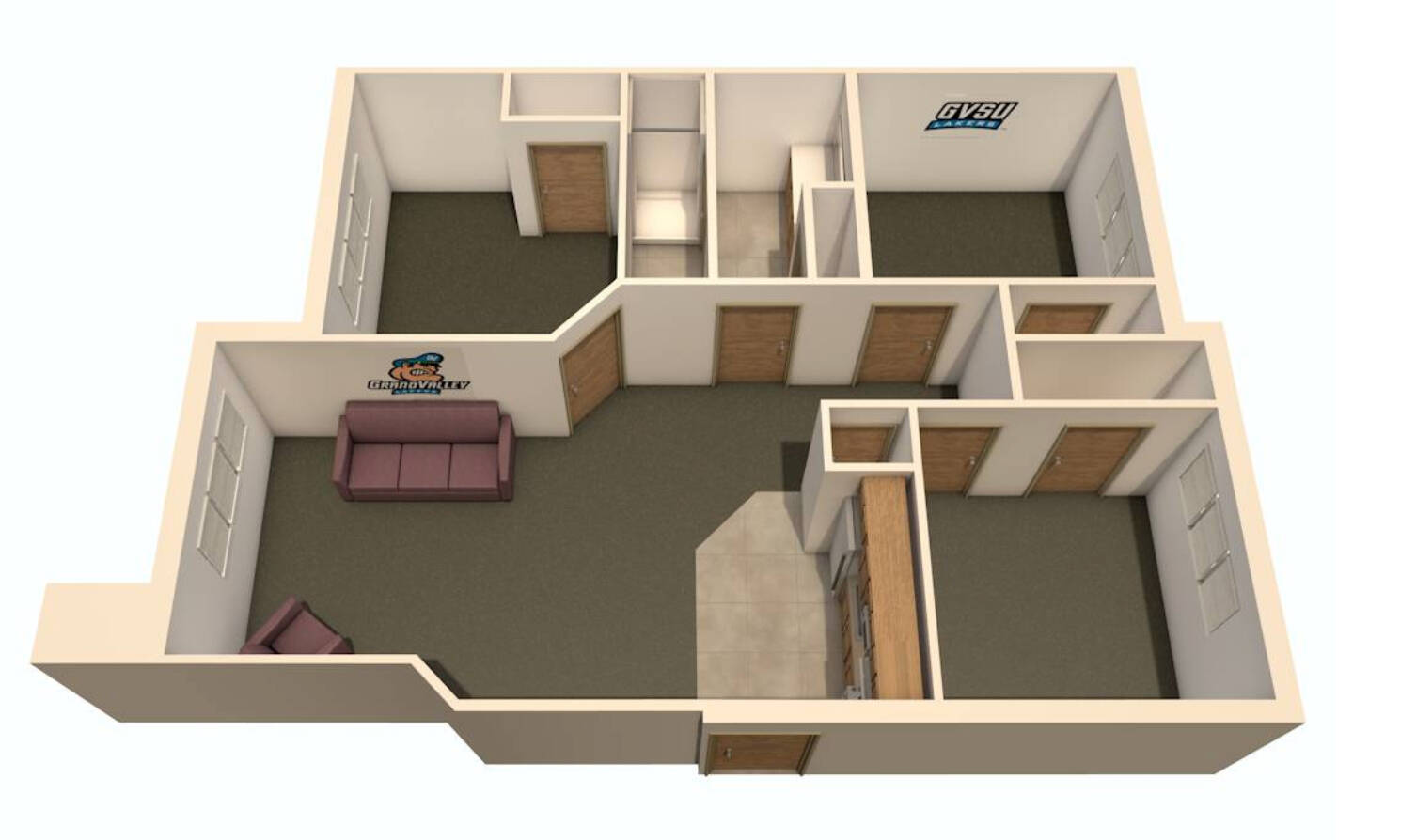 Three bedroom apartment style layout with three bedrooms, a kitchen, living area, and bathroom.